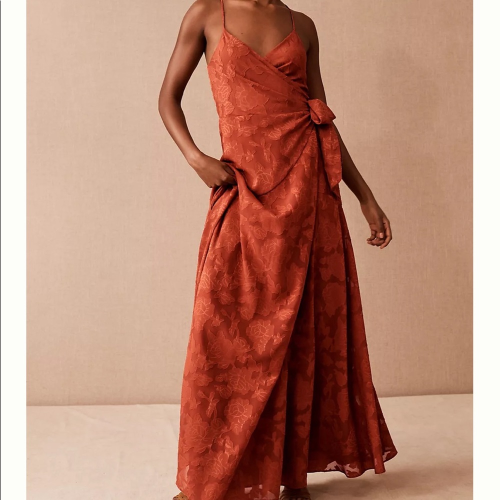 BHLDN Rust Floral Jacquard Wrap Slip Gown